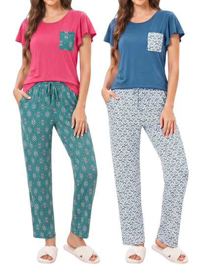 Ekouaer Pajamas for Women Set 2 Piece Comfy Loungewear, Lightweight Pjs Sleepwear, Short Sleeve Top & Long Pants with Pockets