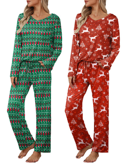 Ekouaer Women's 2 Pack Long Sleeve Pajama Sets V Neck Lounge Sets