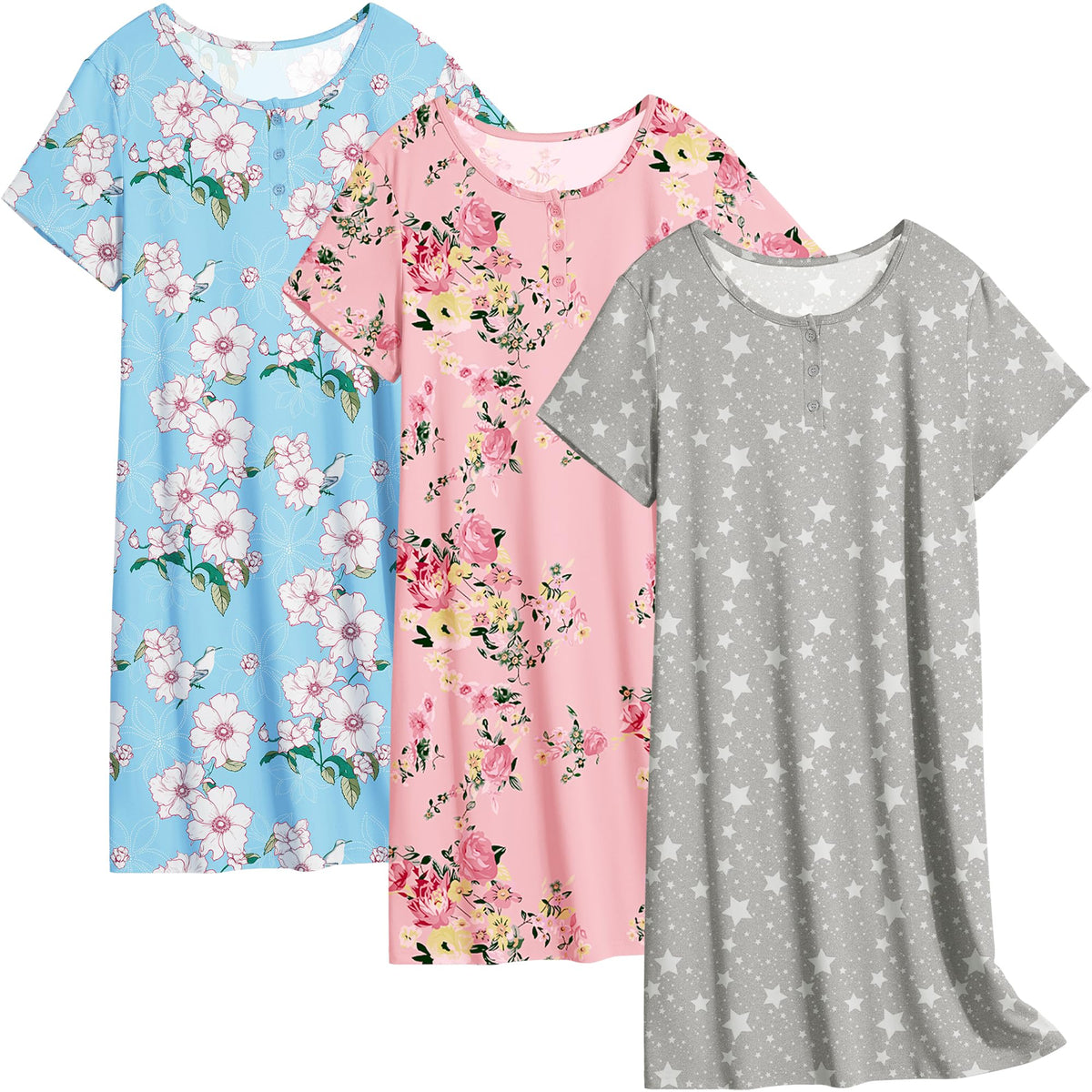 Ekouaer 3 Pack Women's Sleepshirts Soft Sleepwear Short Sleeve T-Shirt Nightgowns Casual Sleepdress Nightshirts
