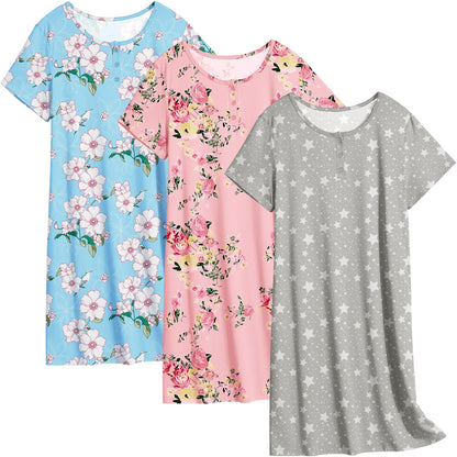 Ekouaer 3 Pack Women's Sleepshirts Soft Sleepwear Short Sleeve T-Shirt Nightgowns Casual Sleepdress Nightshirts
