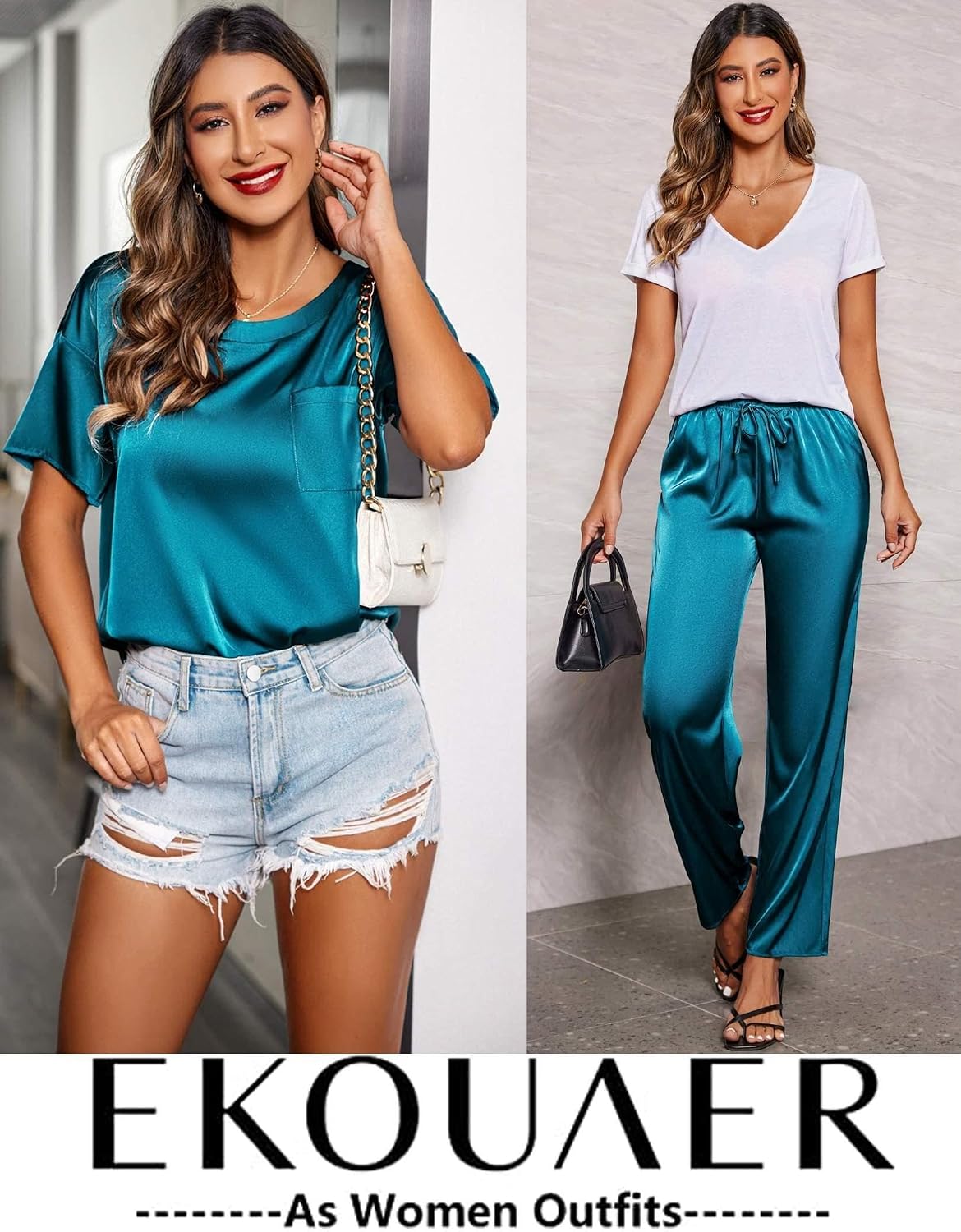 Ekouaer Pajamas for Women Set Silky Satin 2 Piece Lounge Sets with Pockets