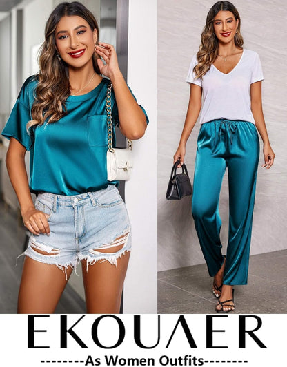 Ekouaer Pajamas for Women Set Silky Satin 2 Piece Lounge Sets with Pockets