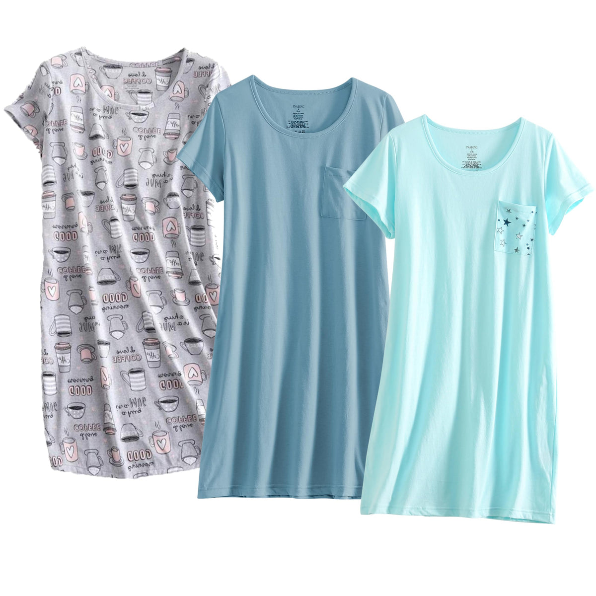 PNAEONG 3 Pack Women's Cotton Nightgown Short Sleeve Shirt Print Sleepdress