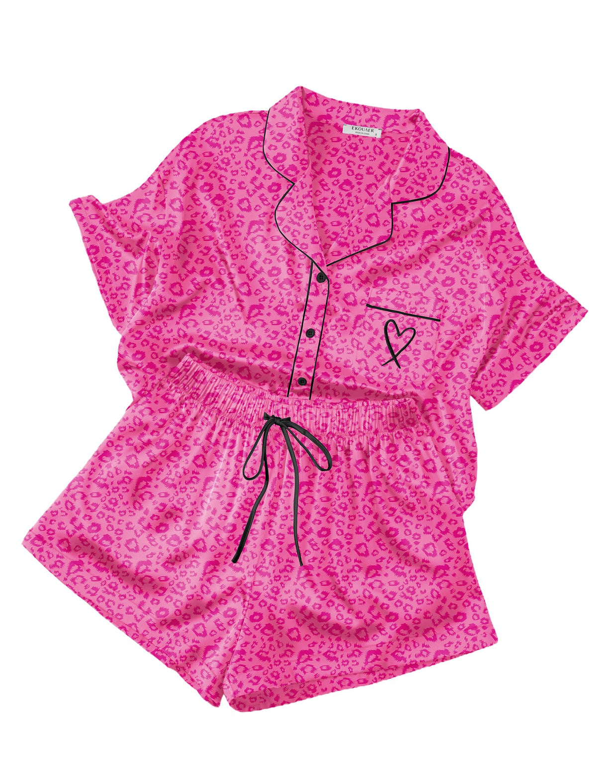 Ekouaer Womens Silk Satin Pajama Set, 2 Piece Heart Embroidery Short Sleeve Button Down Pjs Set for Bridal Party