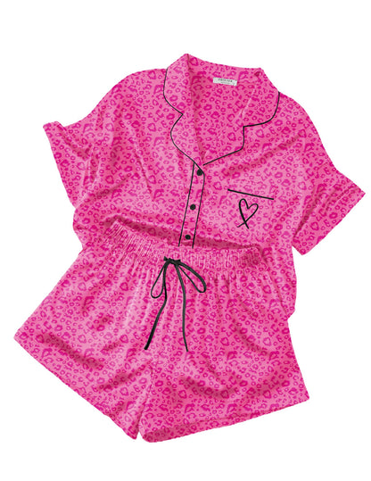 Ekouaer Womens Silk Satin Pajama Set, 2 Piece Heart Embroidery Short Sleeve Button Down Pjs Set for Bridal Party
