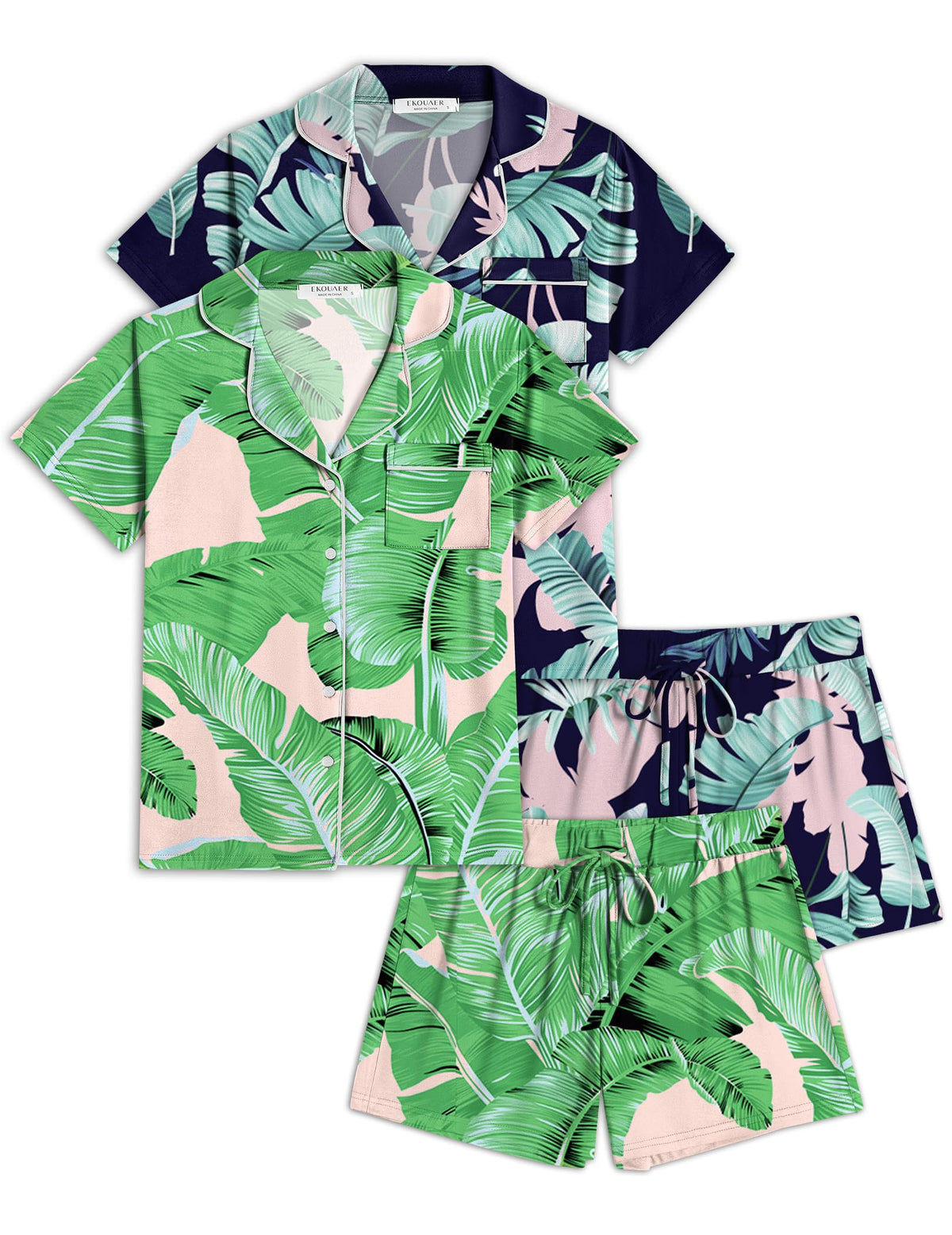 Ekouaer Womens Pajamas Set 2 Pack Button Down Summer Short Sleeve Pjs S-XXL