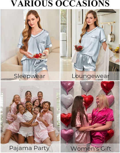Silk Pajamas for Women Short Sleeve Satin 2 Piece Pj Set Soft V Neck Sleepwear Loungewear, S-XXL