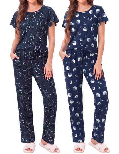 Ekouaer Pajamas for Women Set 2 Piece Comfy Loungewear, Lightweight Pjs Sleepwear, Short Sleeve Top & Long Pants with Pockets