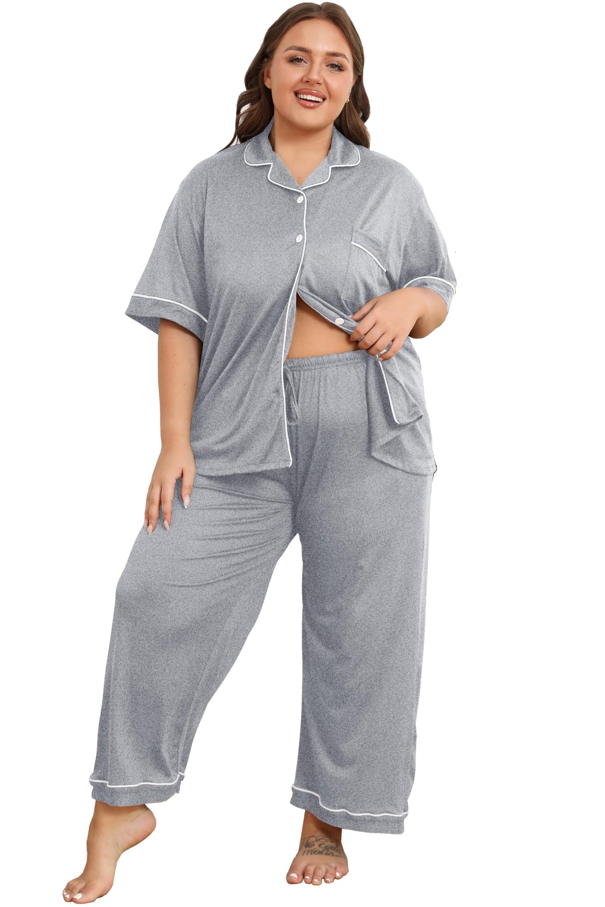 Vozanet Women's Plus Size Pajamas Button Down Shirt and Pants Soft Lounge Sets Bride Nighty Bottom with Pockets 1x to 5x