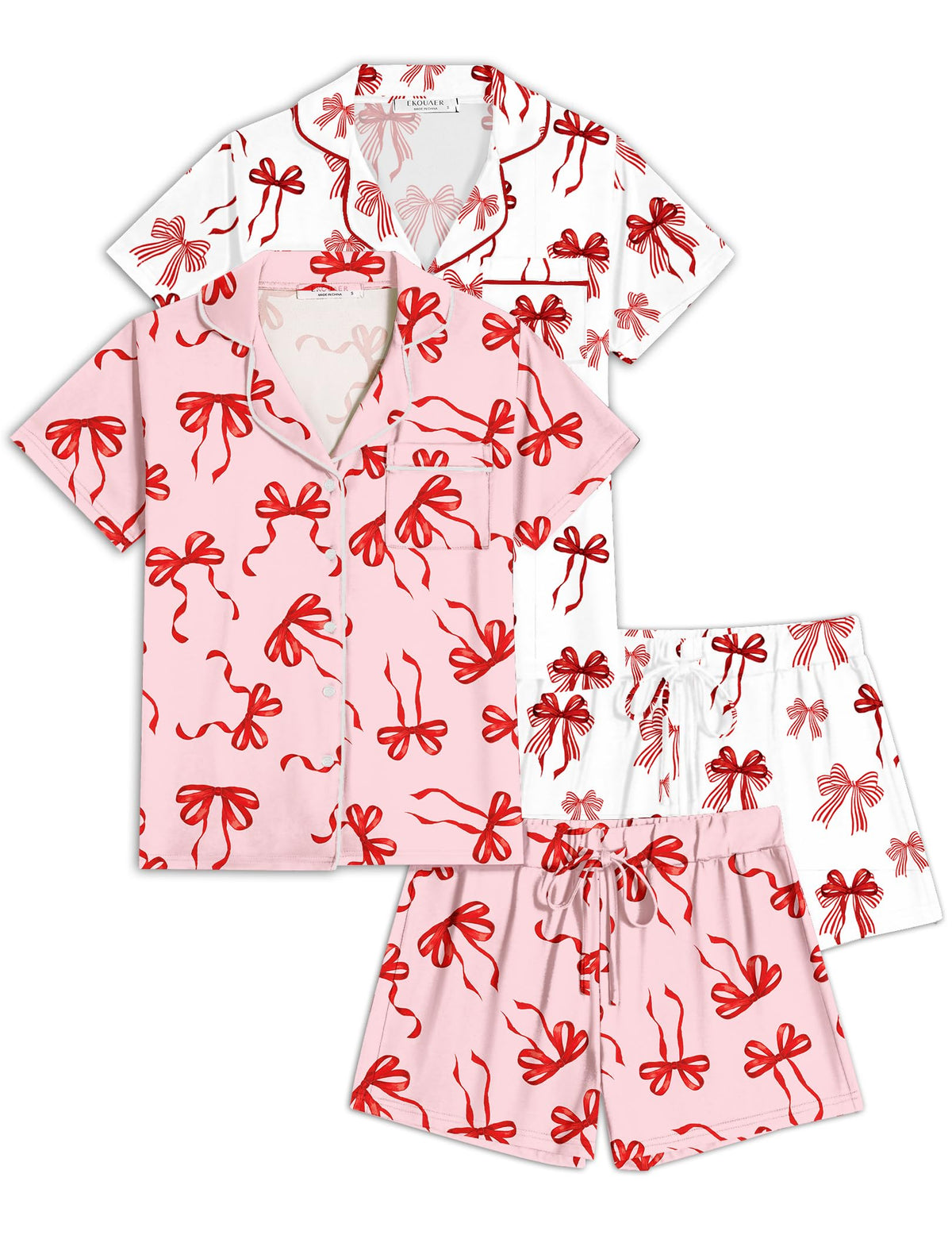 Ekouaer Womens Pajamas Set 2 Pack Button Down Summer Short Sleeve Pjs S-XXL