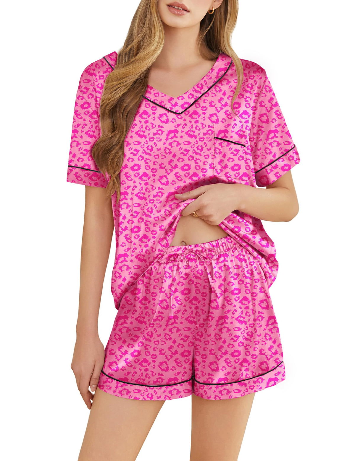 Silk Pajamas for Women Short Sleeve Satin 2 Piece Pj Set Soft V Neck Sleepwear Loungewear, S-XXL