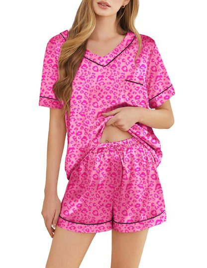Silk Pajamas for Women Short Sleeve Satin 2 Piece Pj Set Soft V Neck Sleepwear Loungewear, S-XXL