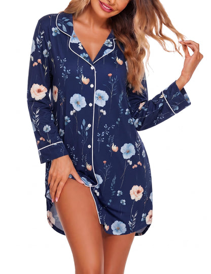 Ekouaer Womens Nightgown Long Sleeve Nightshirt Soft Button Down Sleepshirt