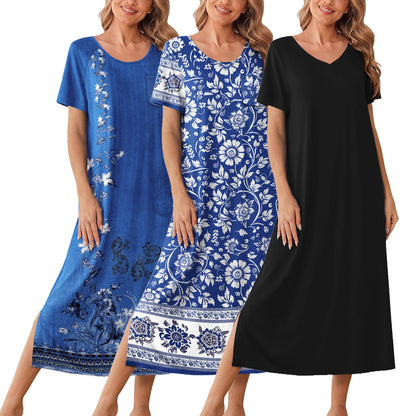Ekouaer Long Nightgowns for Women 3 Pack Plus Size Short Sleeve House Dress