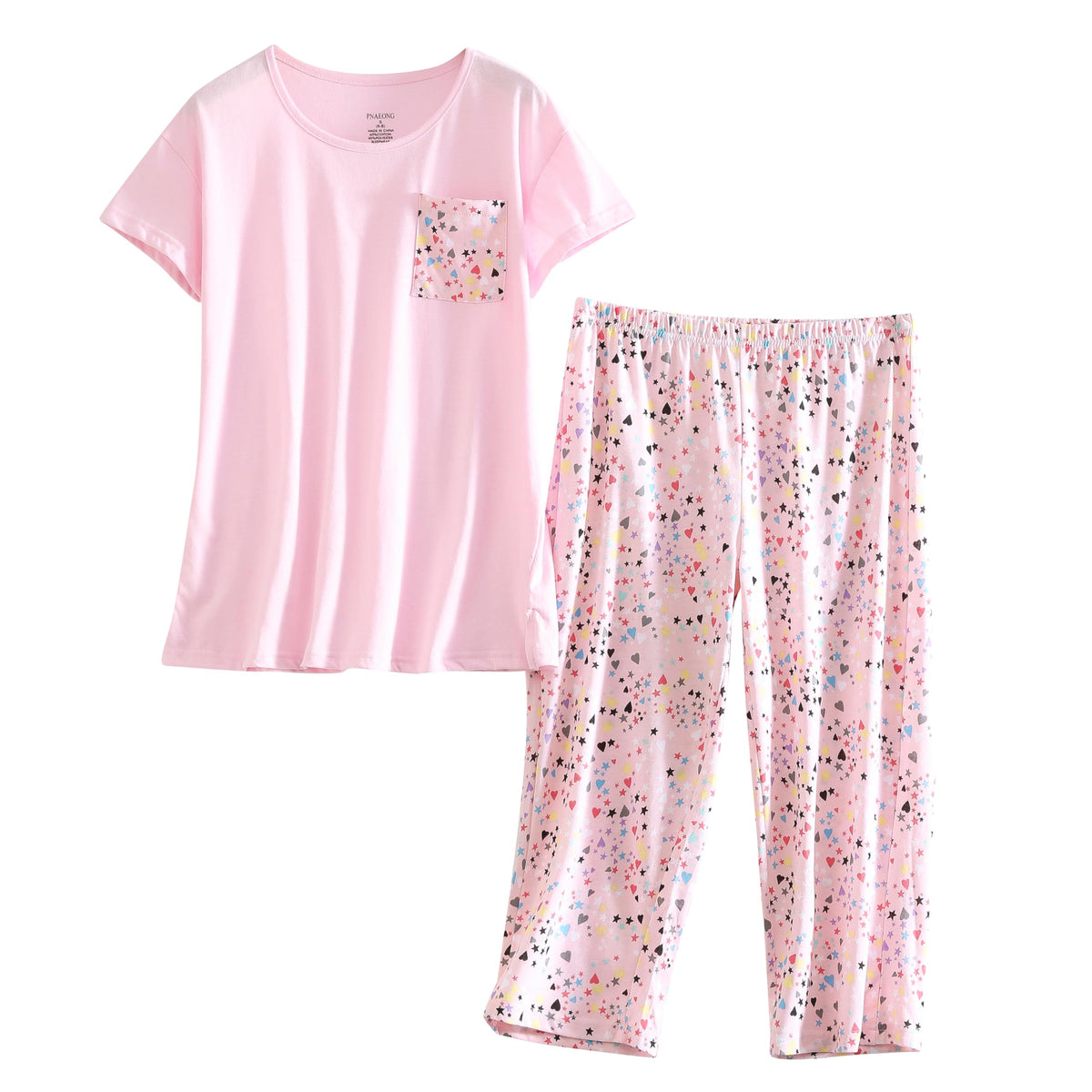 PNAEONG Womens Pajama Set Cotton Short Sleeve Top with Capri Pants Soft Pjs