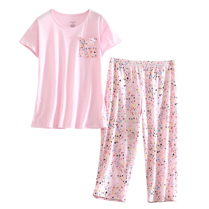 PNAEONG Womens Pajama Set Cotton Short Sleeve Top with Capri Pants Soft Pjs