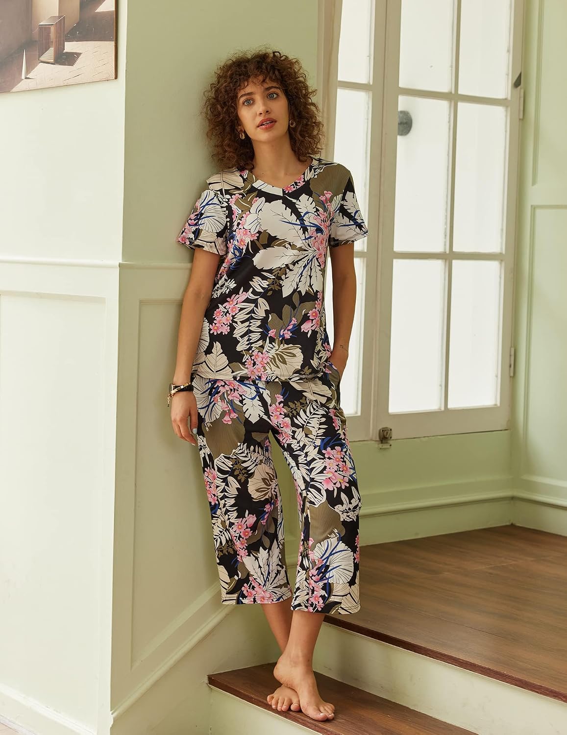 Ekouaer Women's Capri Pajama Sets Short Sleeve Two Piece Summer Lounge Sets