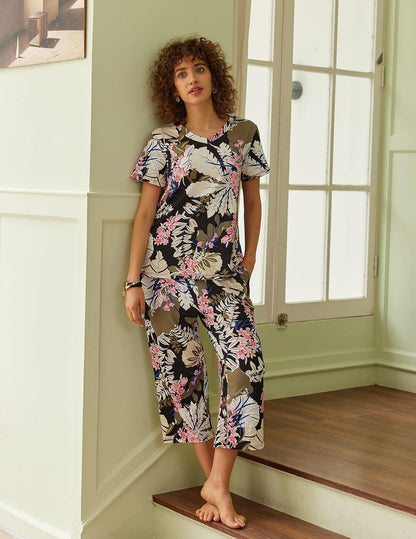Ekouaer Women's Capri Pajama Sets Short Sleeve Two Piece Summer Lounge Sets