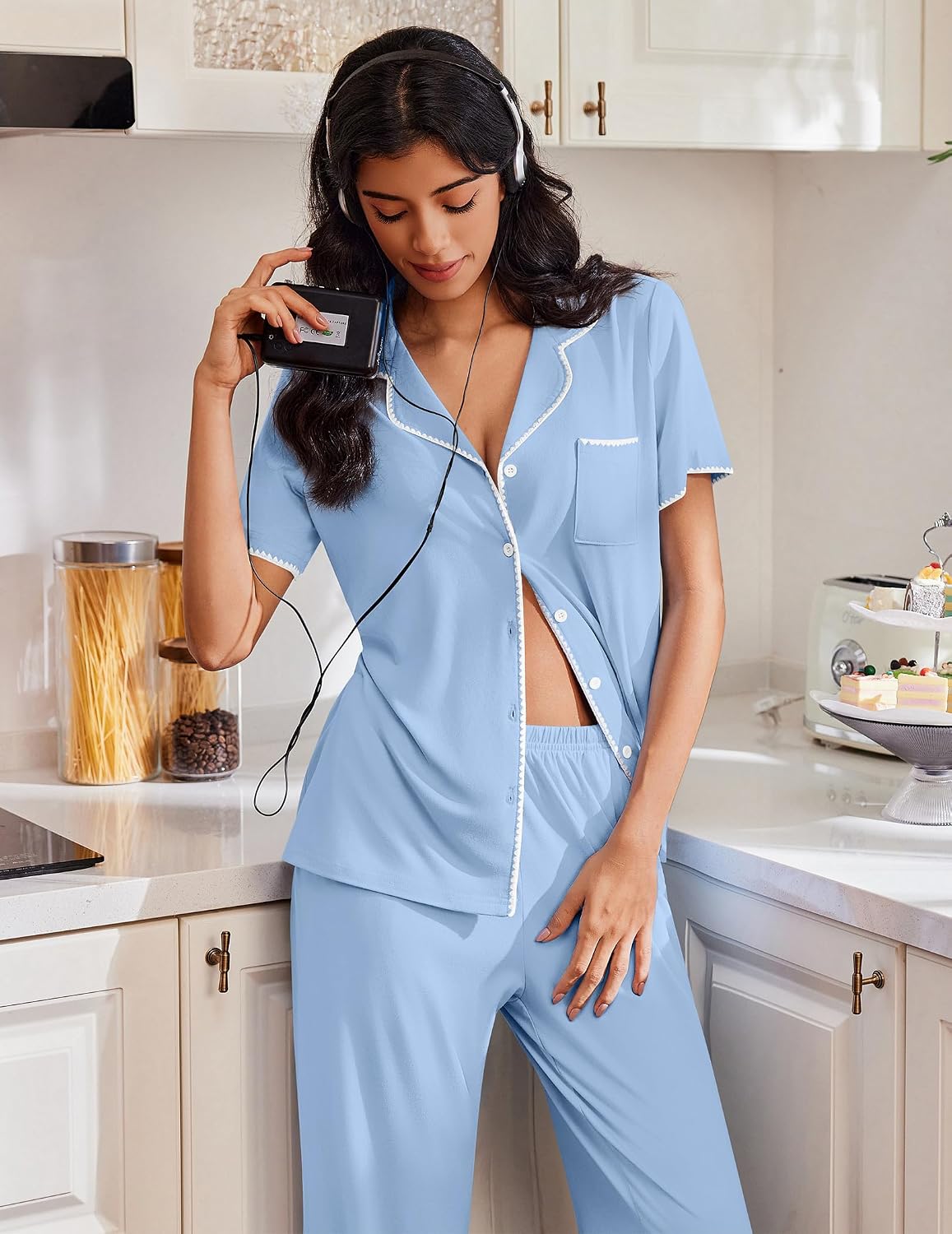 Ekouaer Pajamas for Women Set Button Up Soft Pjs Short Sleeve Lounge Sets