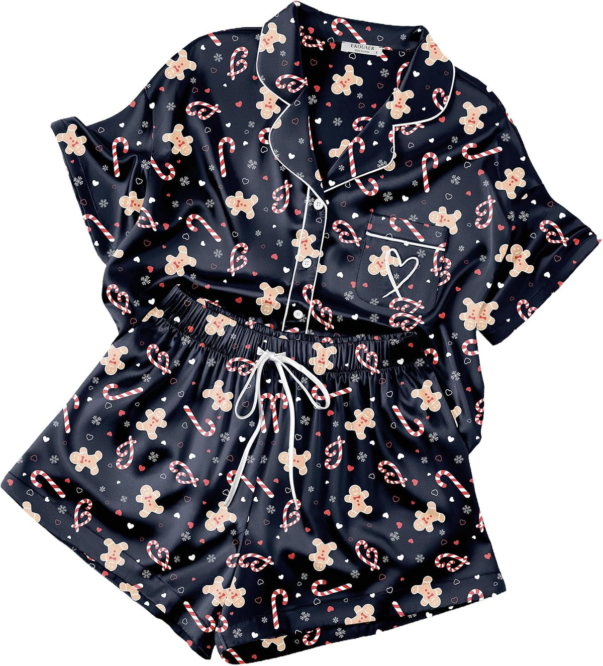 Ekouaer Womens Silk Satin Pajama Set, 2 Piece Heart Embroidery Short Sleeve Button Down Pjs Set for Bridal Party
