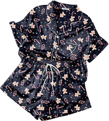 Ekouaer Womens Silk Satin Pajama Set, 2 Piece Heart Embroidery Short Sleeve Button Down Pjs Set for Bridal Party
