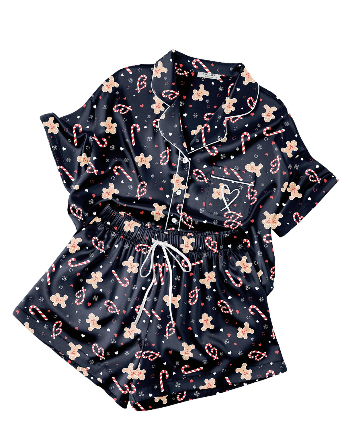 Ekouaer Womens Silk Satin Pajama Set, 2 Piece Heart Embroidery Short Sleeve Button Down Pjs Set for Bridal Party