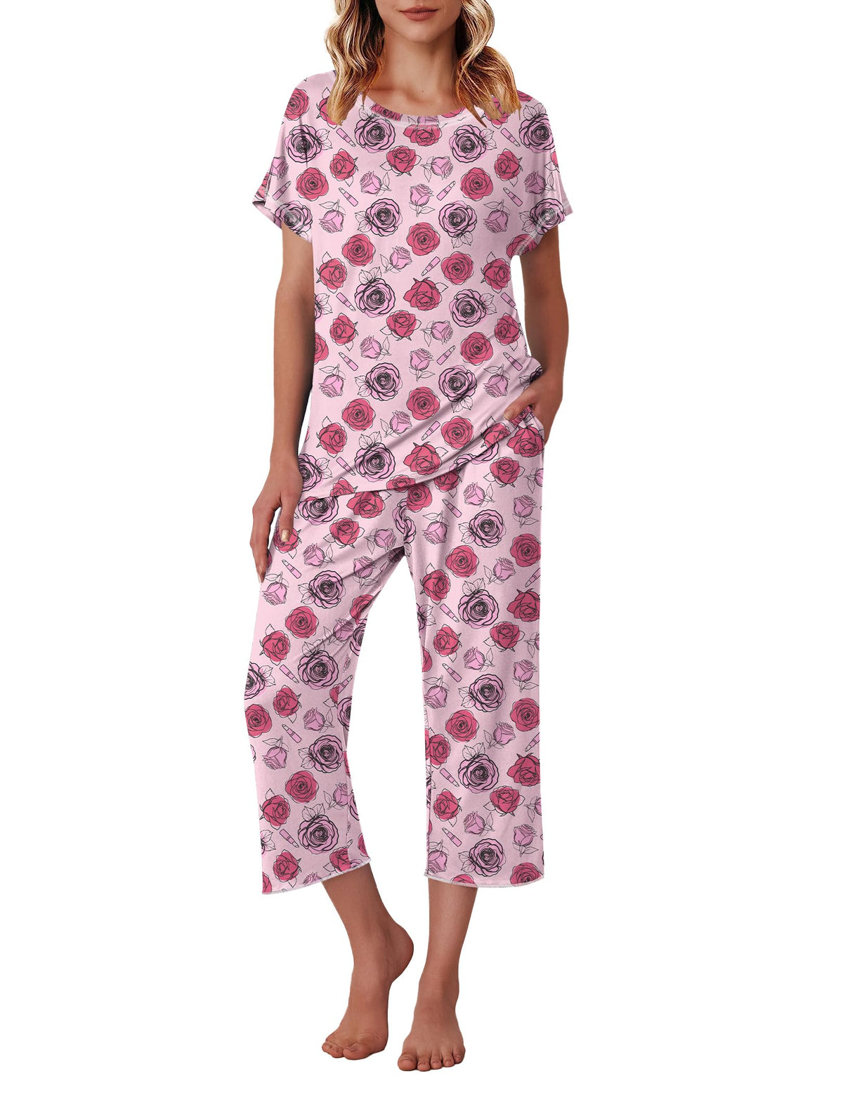 Ekouaer Womens Capri Pajama Sets Print Short Sleeve Sleepwear Top and Pants