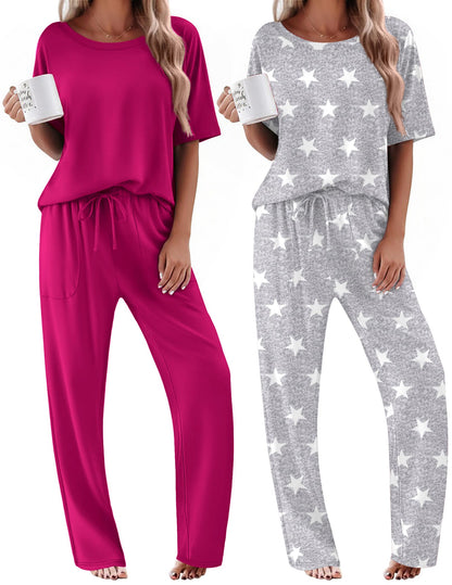 Ekouaer 2 Pack Womens Pajamas Sets Short Sleeve Long Pants Pjs Lounge Set