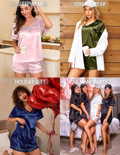 Ekouaer Silk Pajama for Women Short Sleeve Satin Pj Set Two Piece XS-XXL