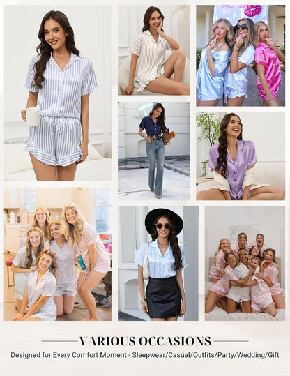Silk Pajamas for Women Button Down 2 Piece Satin Pjs Shorts Set Ruffle Notch Collar Sleepwear Loungewear