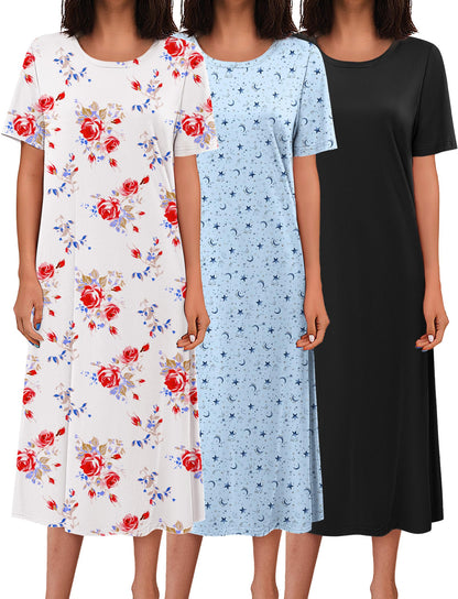 Ekouaer 3 Pack Long Nightgowns for Women House Dress Plus Size Nightshirt