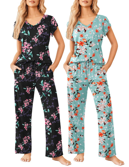 Ekouaer 2 Pack Womens Pajama Set Short Sleeve Sleepwear Soft Pjs Lounge Set