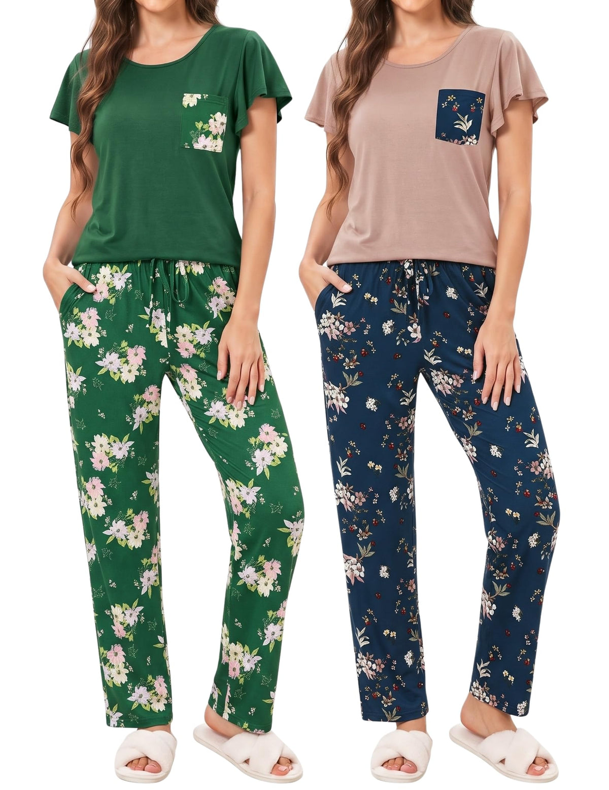 Ekouaer Pajamas for Women Set 2 Piece Comfy Loungewear, Lightweight Pjs Sleepwear, Short Sleeve Top & Long Pants with Pockets