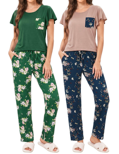 Ekouaer Pajamas for Women Set 2 Piece Comfy Loungewear, Lightweight Pjs Sleepwear, Short Sleeve Top & Long Pants with Pockets