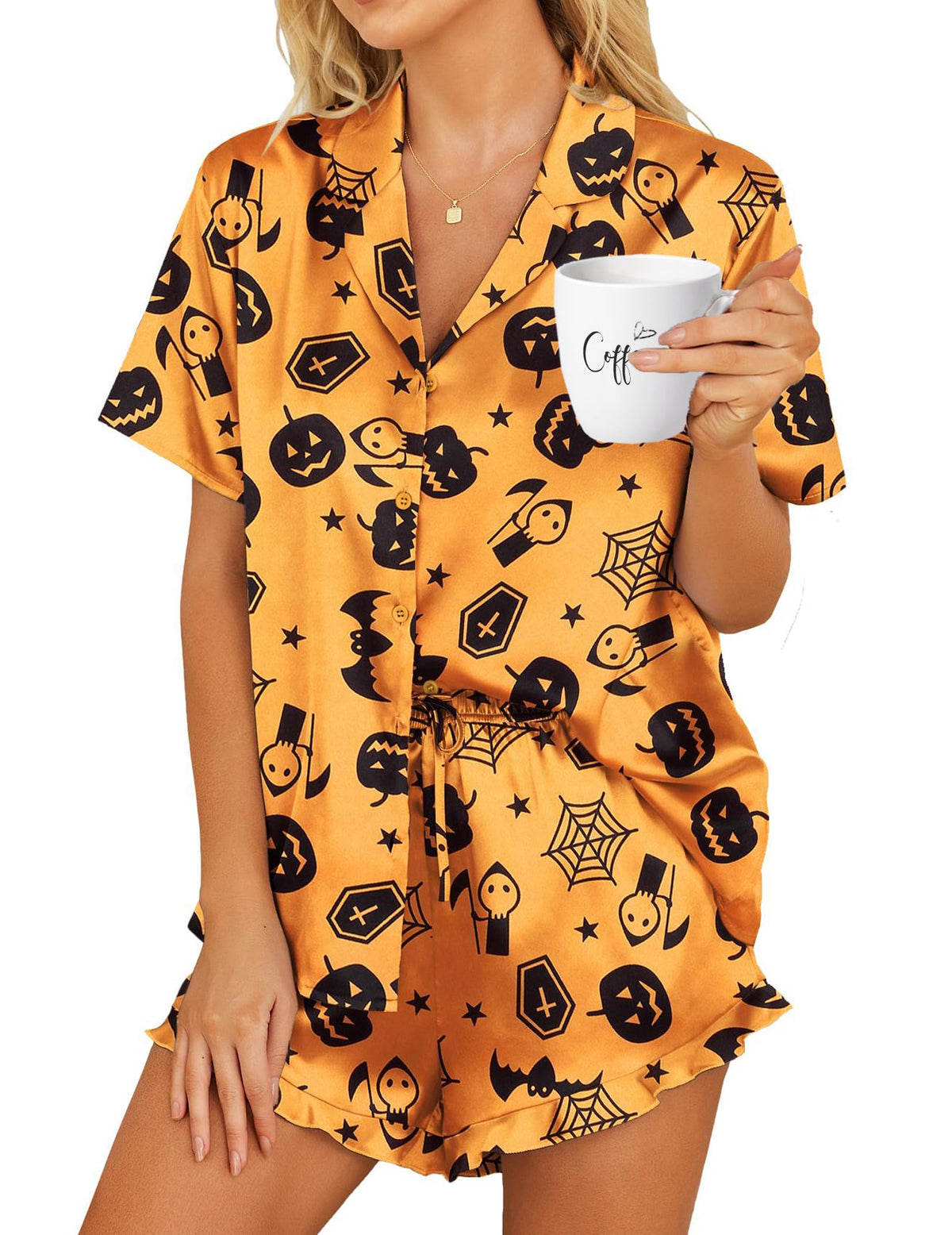HOTOUCH Womens Satin Pajamas Set Button Down 2 Piece Ruffle Shorts Set