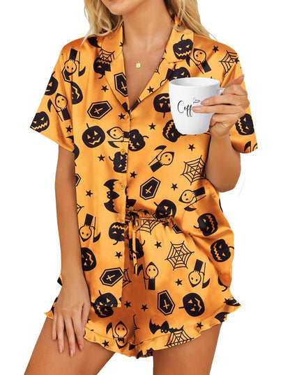 HOTOUCH Womens Satin Pajamas Set Button Down 2 Piece Ruffle Shorts Set