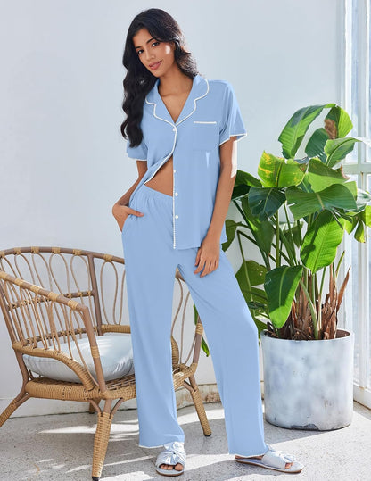 Ekouaer Pajamas for Women Set Button Up Soft Pjs Short Sleeve Lounge Sets