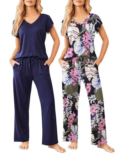 Ekouaer 2 Pack Womens Pajama Set Short Sleeve Sleepwear Soft Pjs Lounge Set