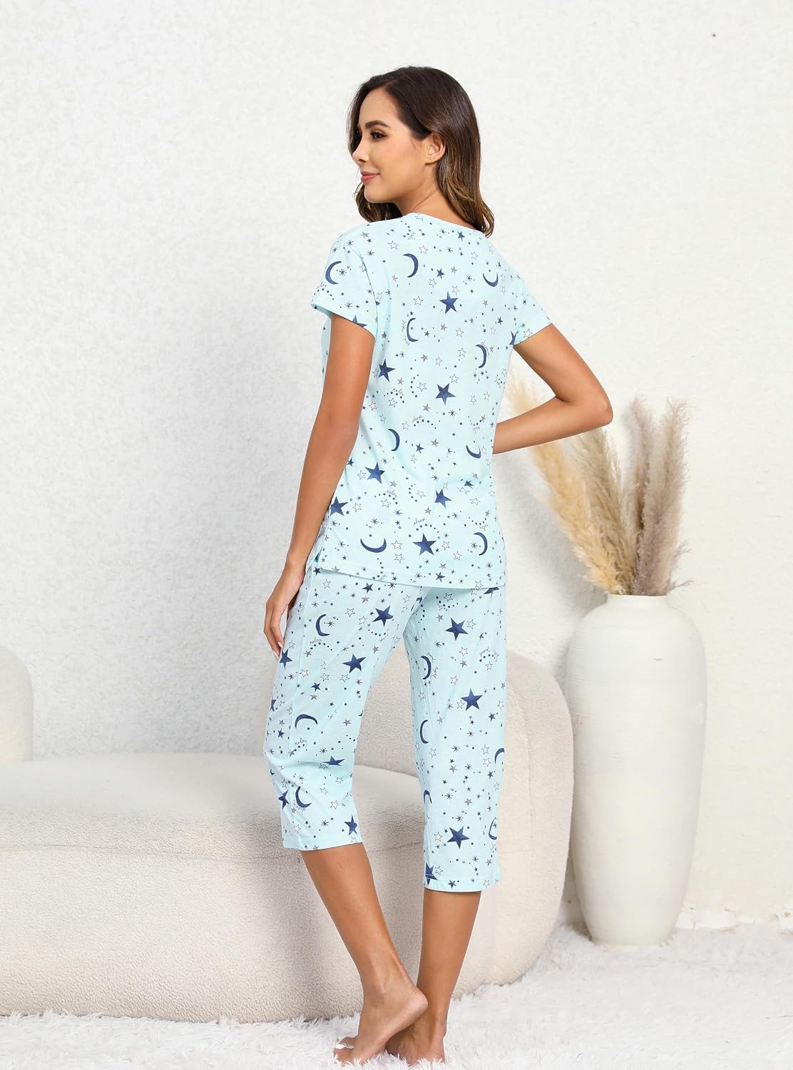 PNAEONG Womens Pajama Set Cotton Short Sleeve Top with Capri Pants Soft Pjs