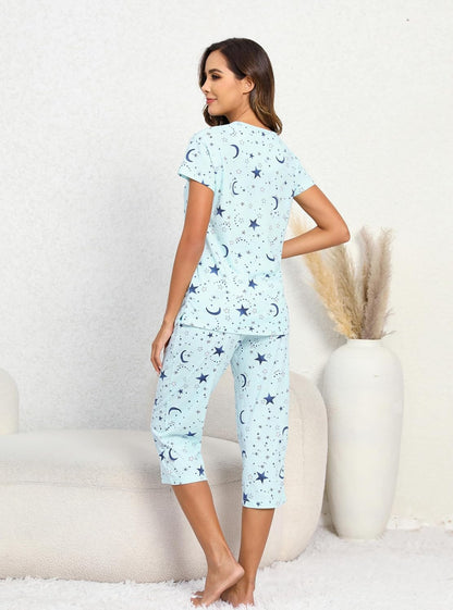 PNAEONG Womens Pajama Set Cotton Short Sleeve Top with Capri Pants Soft Pjs