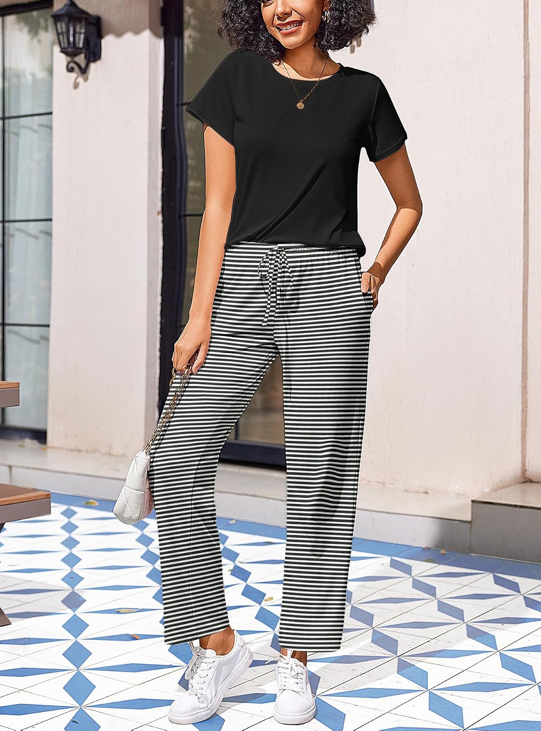 Ekouaer Womens Pajamas Sets Round Neck Pjs Loose Lounge Sets Sleepwear