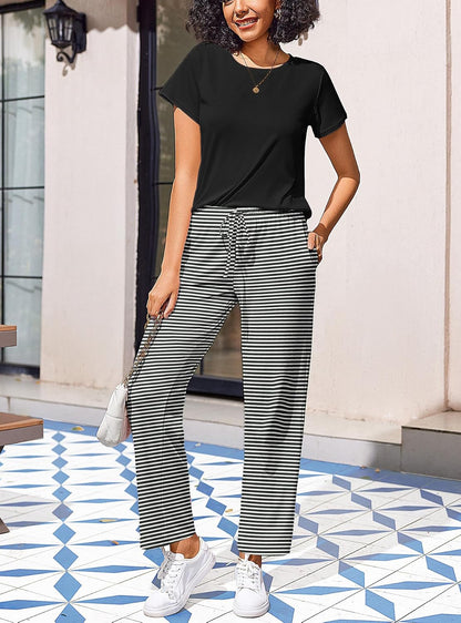 Ekouaer Womens Pajamas Sets Round Neck Pjs Loose Lounge Sets Sleepwear