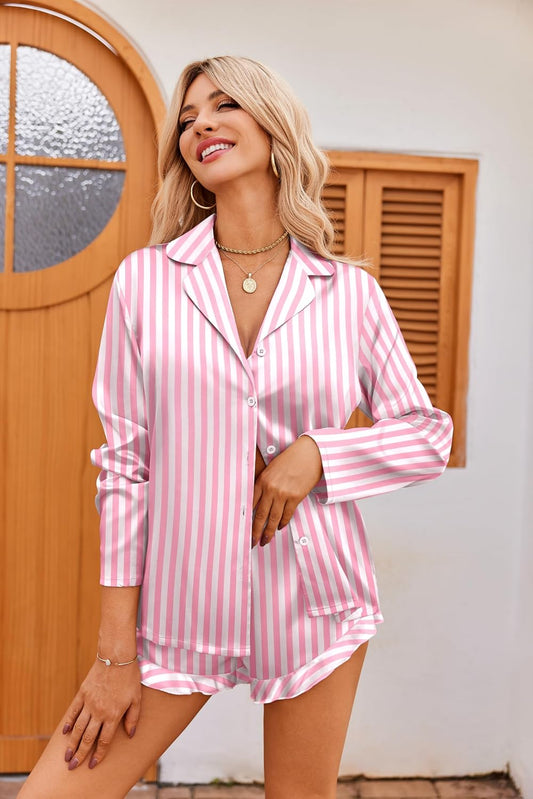 Ekouaer Womens Satin Pajama Sets Cute Button Down Silk Pjs with Ruffle
