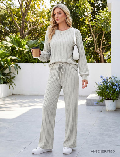 Blooming Jelly Women Ribbed Long Sleeve Pajama Sets Fall Loungewear Pockets