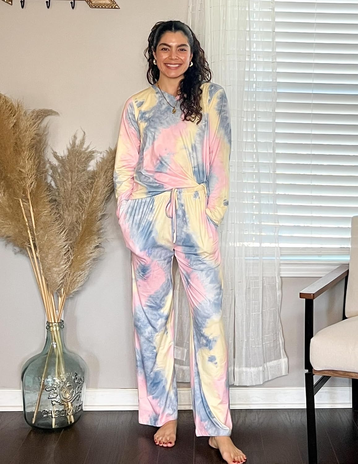 Ekouaer Women's 2 Pack Long Sleeve Pajama Sets V Neck Lounge Sets