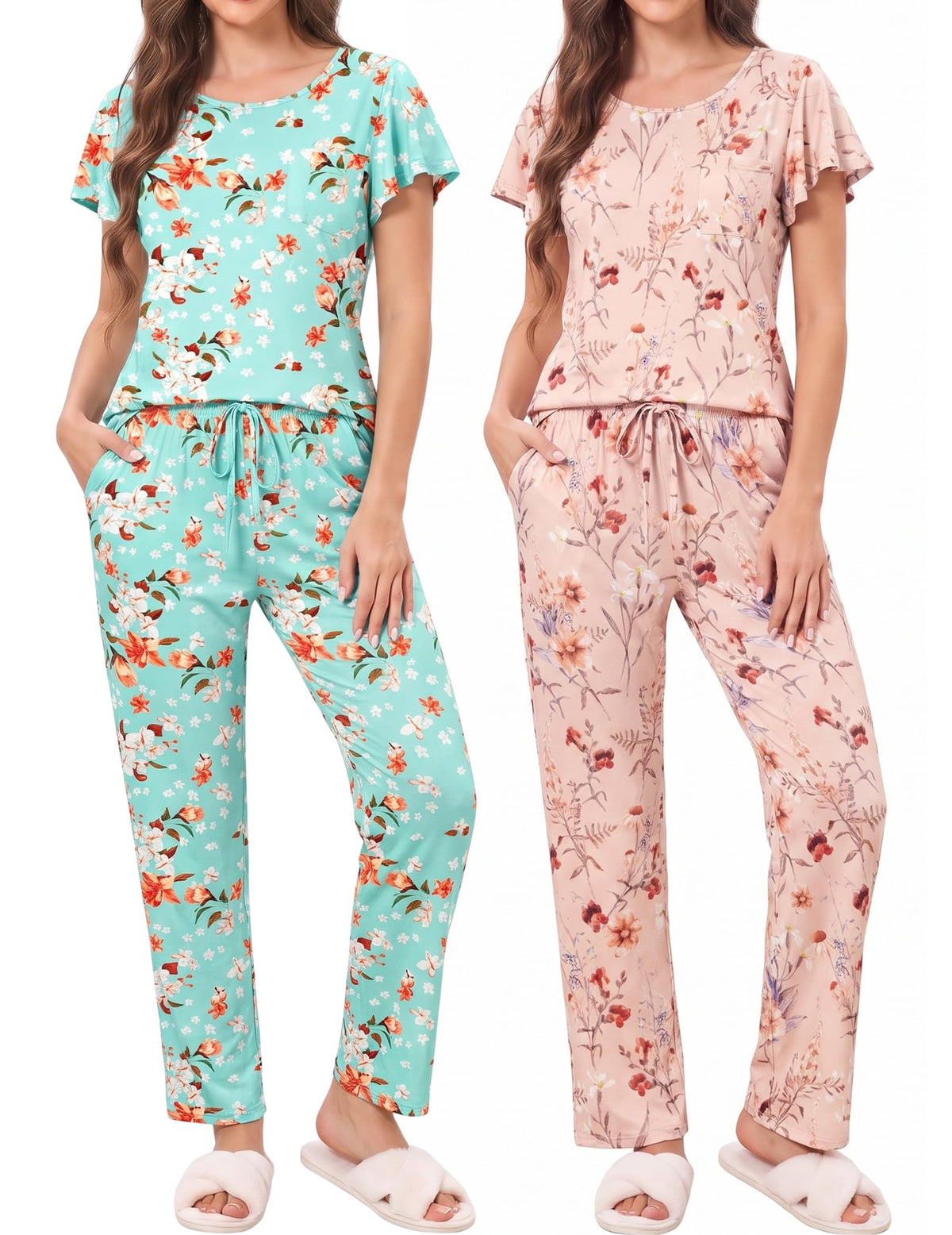 Ekouaer Pajamas for Women Set 2 Piece Comfy Loungewear, Lightweight Pjs Sleepwear, Short Sleeve Top & Long Pants with Pockets