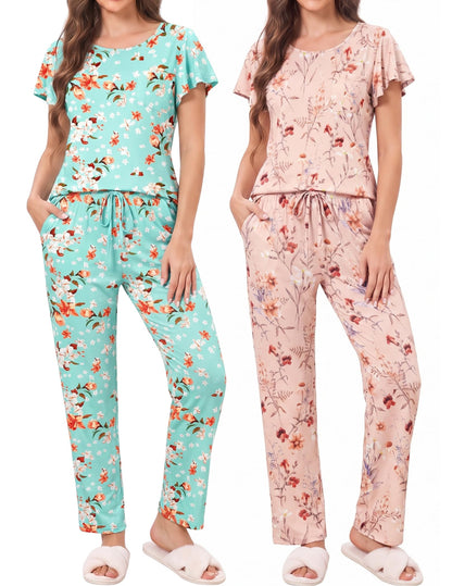 Ekouaer Pajamas for Women Set 2 Piece Comfy Loungewear, Lightweight Pjs Sleepwear, Short Sleeve Top & Long Pants with Pockets