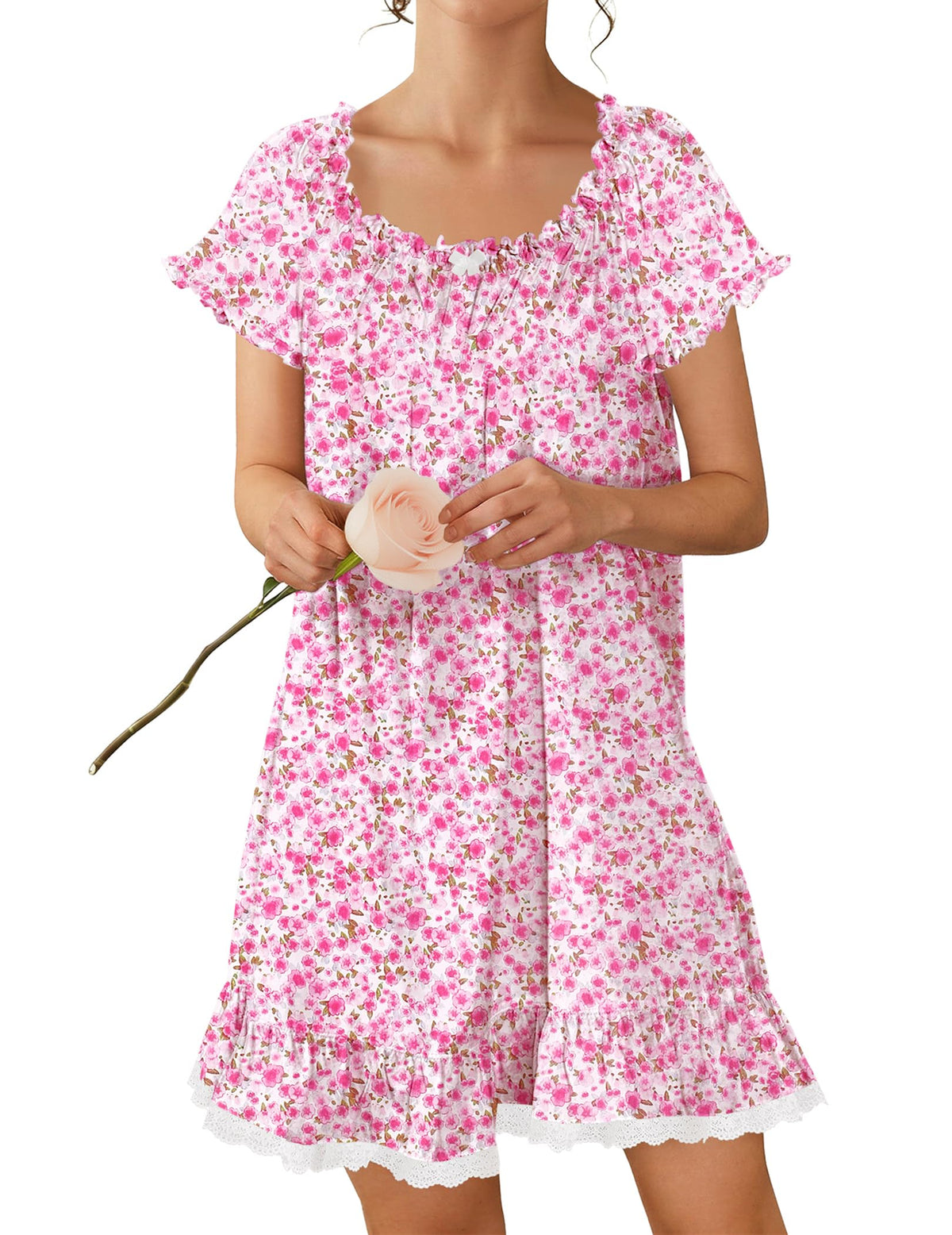 Ekouaer Cotton Nightgowns for Women Short Sleeve Victorian Night Gowns