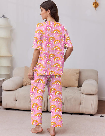 Ekouaer 2 Packs Lounge Set for Women Short Sleeve Pajamas Top and Long Pant