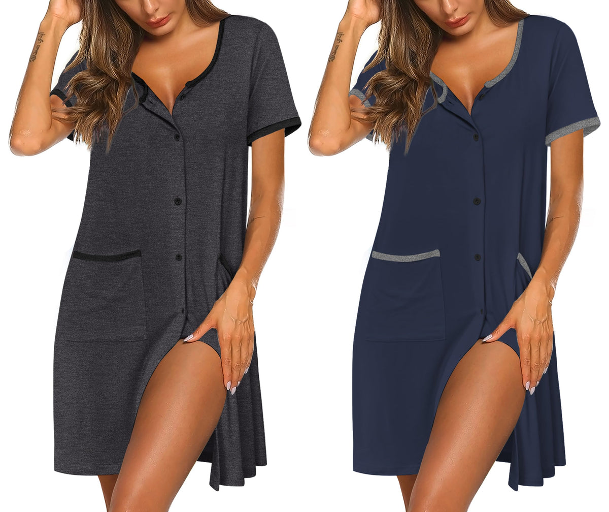 Ekouaer 2 Pack Nightgowns for Women Button Down Houese Dress with Pockets